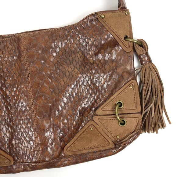 JESSICA SIMPSON Brown Faux Leather Reptile Tassle Shoulder Bag Purse - Picture 3 of 12